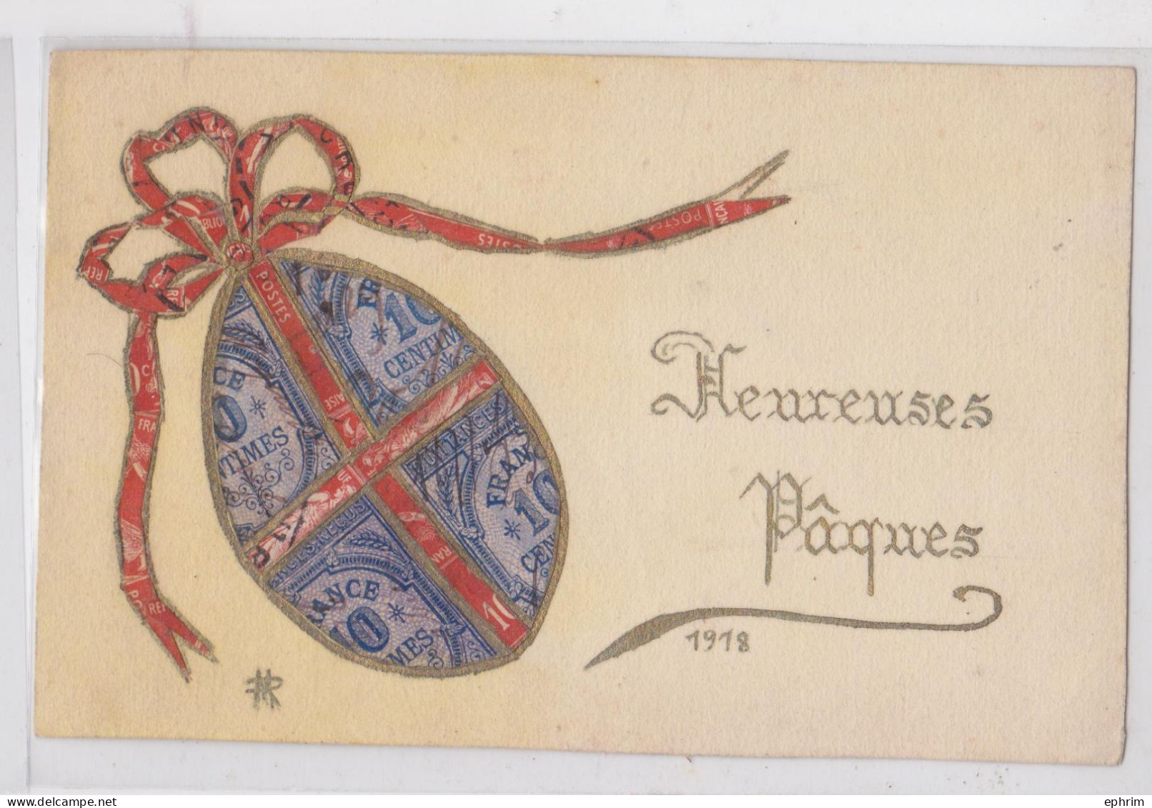 Heureuses Pâques 1918 Montage Timbre France Quittances Découpé Sur Carte Découpis - Postzegels (afbeeldingen)