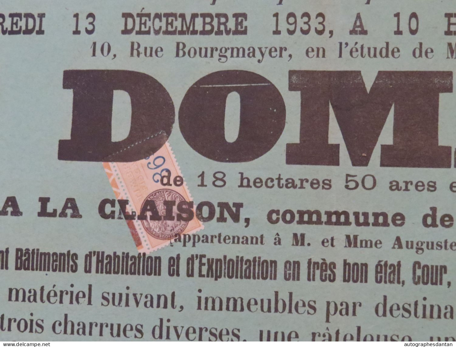 ● Affiche 1933 Saint Etienne Du Bois à La Claison - Vente Domaine Auguste Perret + Cheptel - Me Beguet / Mellet - AIN 01 - Posters