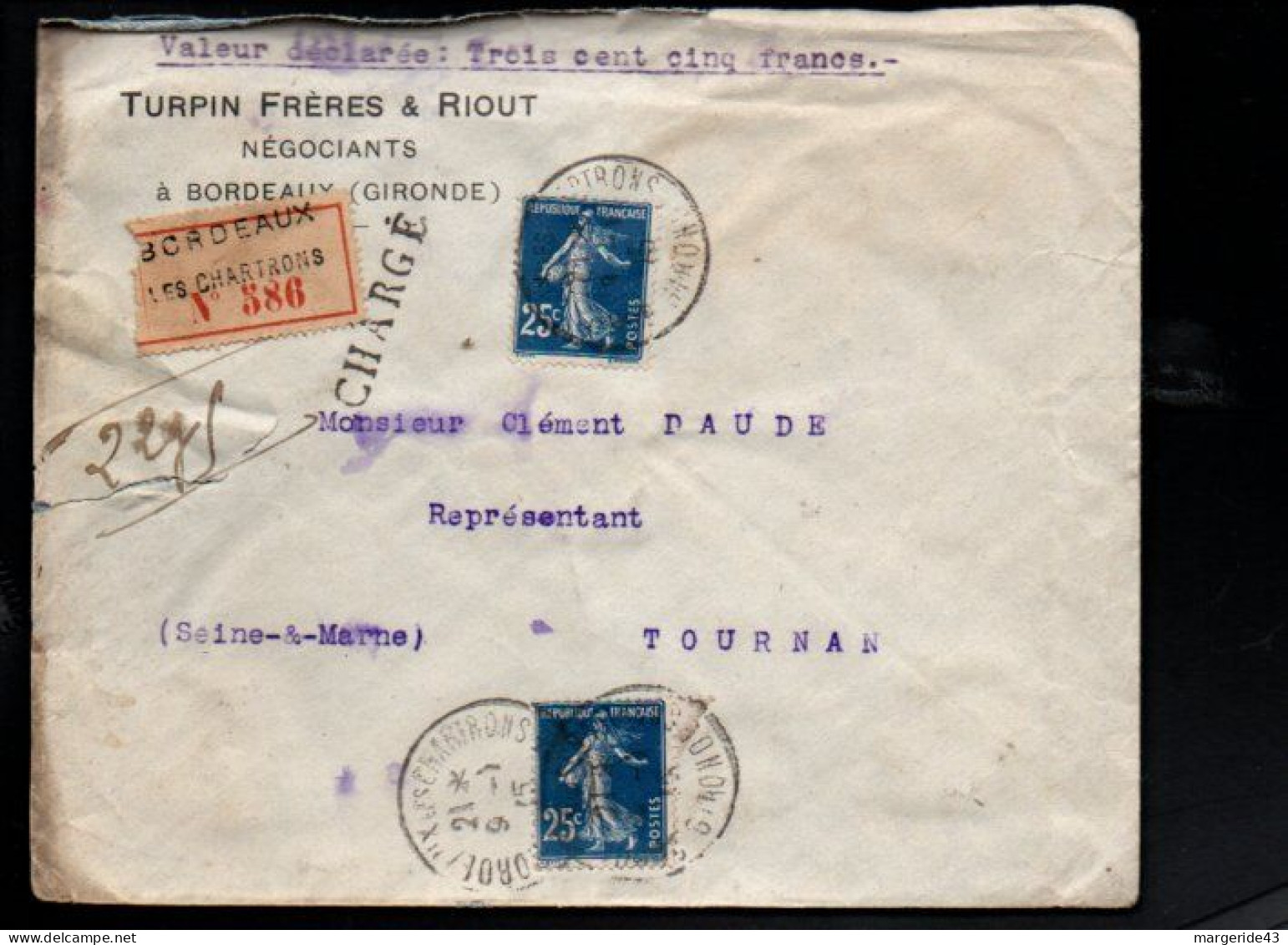 AFFRANCHISSEMENT COMPOSE SUR LETTRE RECOMMANDEE CHARGEE DE BORDEAUX CHARTRONS 1915 - Posttarife