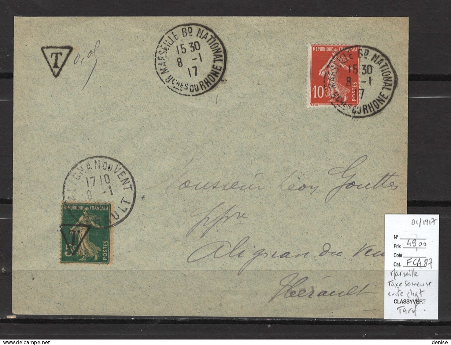 France - Lettre Marseille - Bouches Du Rhone  - 02/01/1917 - Taxée Semeuse 5 Centimes - 1859-1959 Briefe & Dokumente