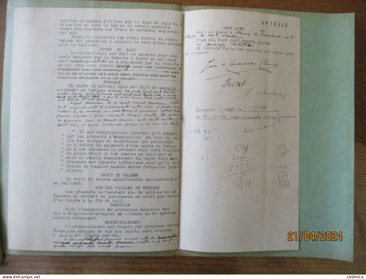 15 OCTOBRE 1934 BAIL A FERME  PAR M. LE PRINCE DE CARAMAN CHIMAY A M.MAXIMILIEN BECRET CULTIVATEUR A SAINTE PREUVE - Historische Dokumente