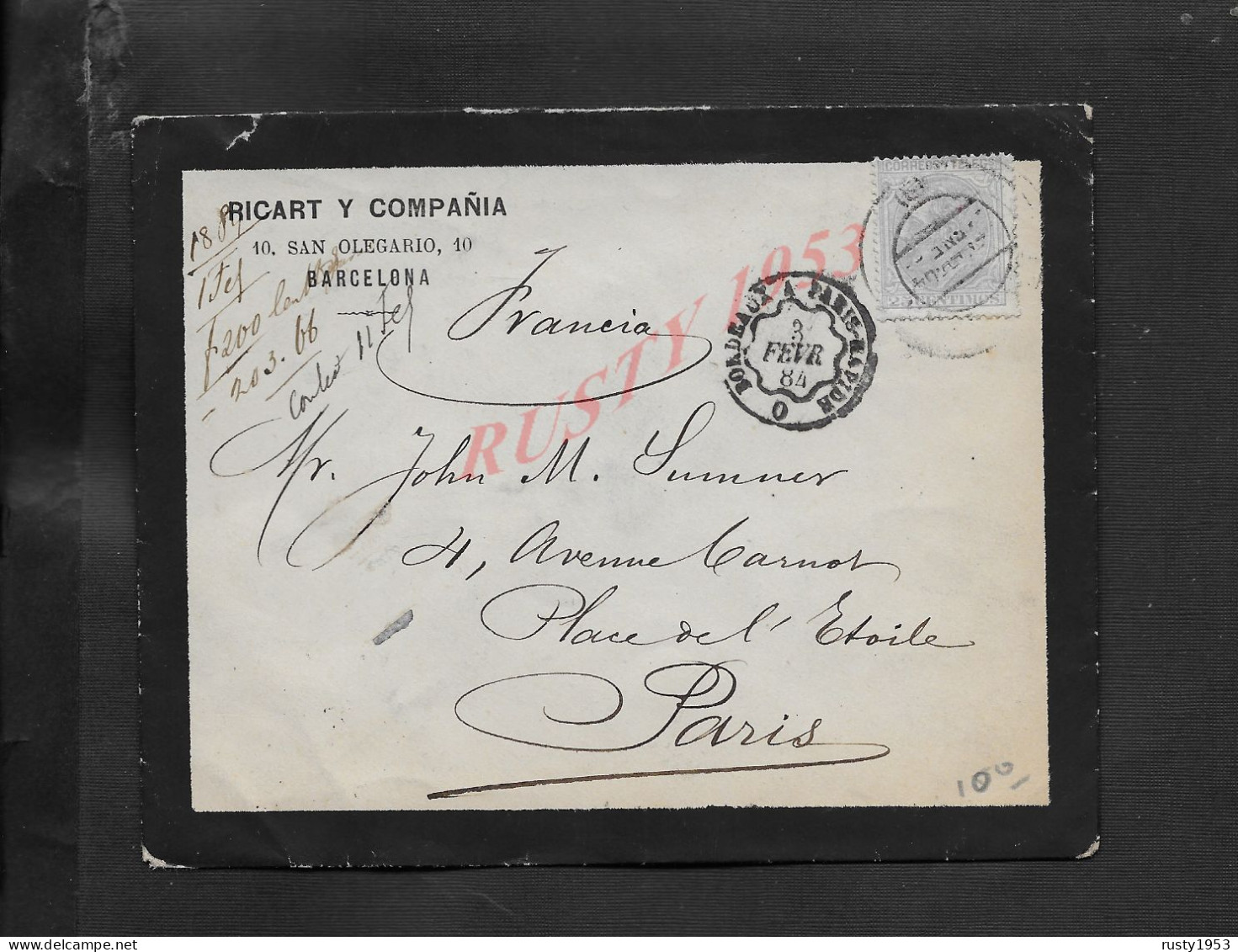 ESPAGNE ANCIENNE LETTRE SUR TIMBRE DE RICART Y COMPANIA  BARCELONA & CACHET BORDEAUX À PARIS RAPIDE ?? : - Storia Postale