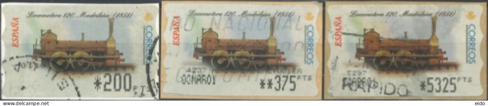 SPAIN- 2001, LOCOMOTIVES STAMPS LABELS SET OF 3, DIFFERENT VALUES, USED. - Gebraucht