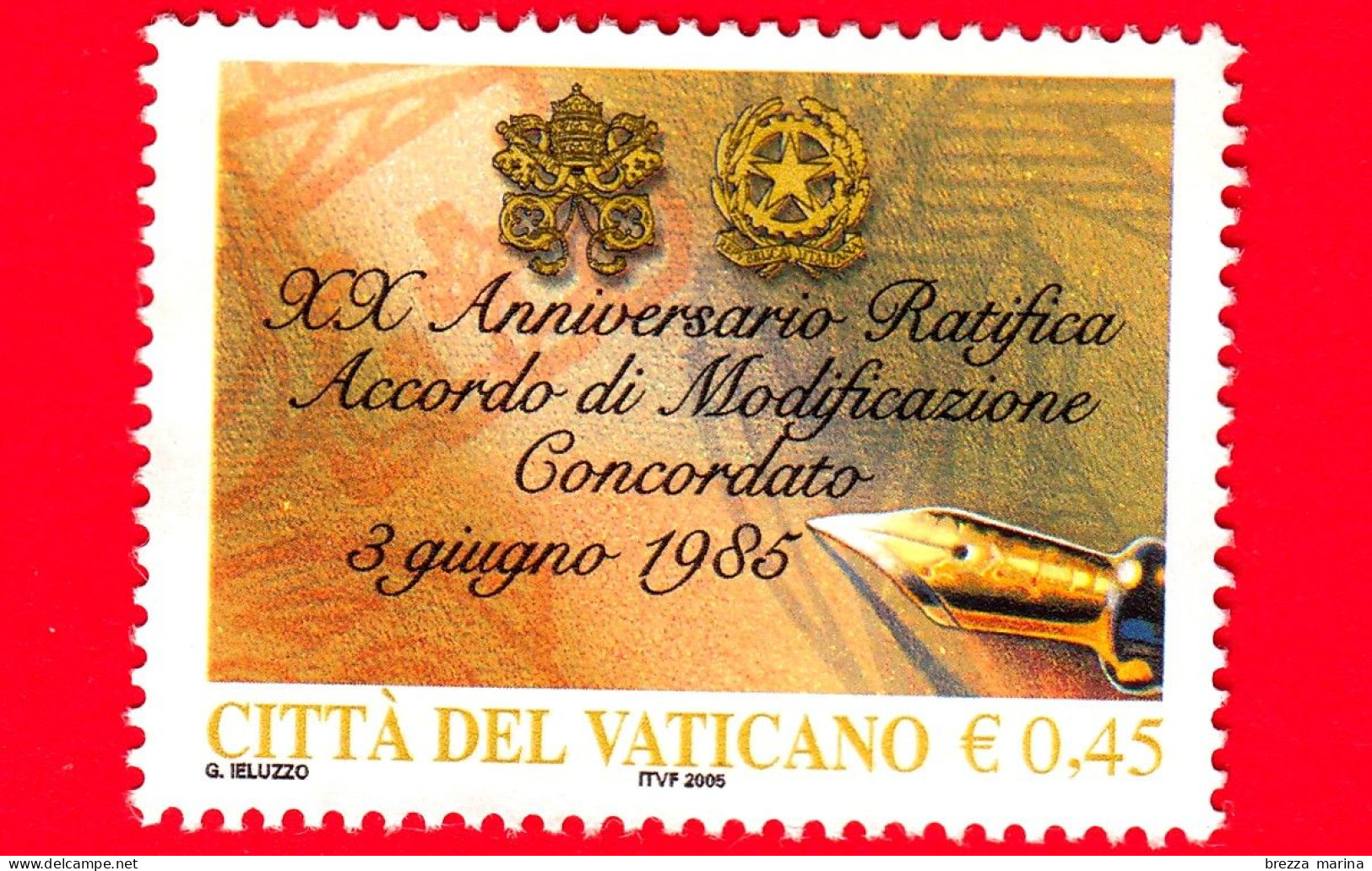 VATICANO - Usato - 2005 - 20º Anniversario Dell'accordo Di Modificazione Del Concordato - Penna E Stemmi - 0.45 - Gebraucht