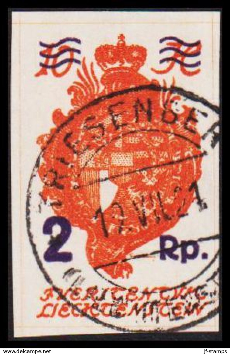 1921. LIECHTENSTEIN. Coat Of Arms 10 H Overprinted 2 Rp. BOLD. Luxus Cancel TRIESENBERG 19. VI... (Michel 43) - JF544583 - Oblitérés