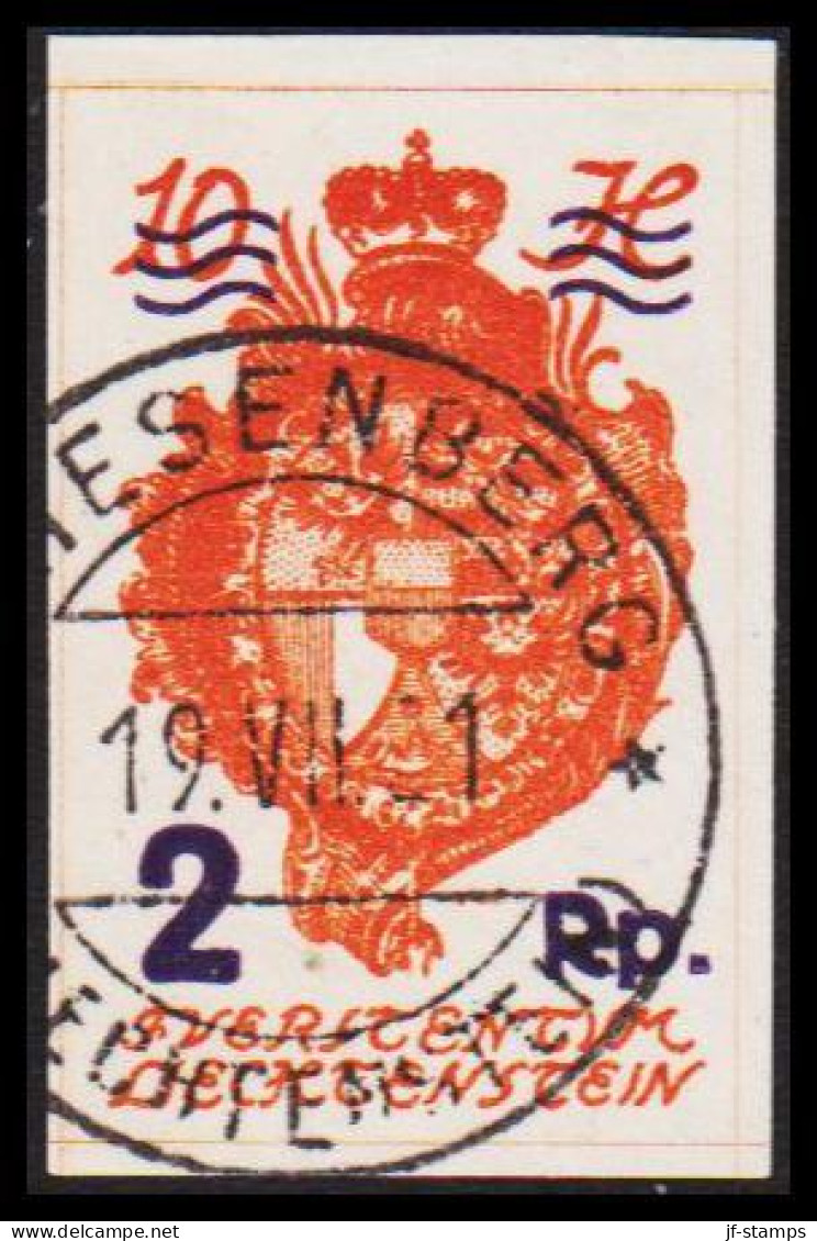 1921. LIECHTENSTEIN. Coat Of Arms 10 H Overprinted 2 Rp. BOLD. Luxus Cancel TRIESENBERG 19. VI... (Michel 43) - JF544584 - Gebraucht