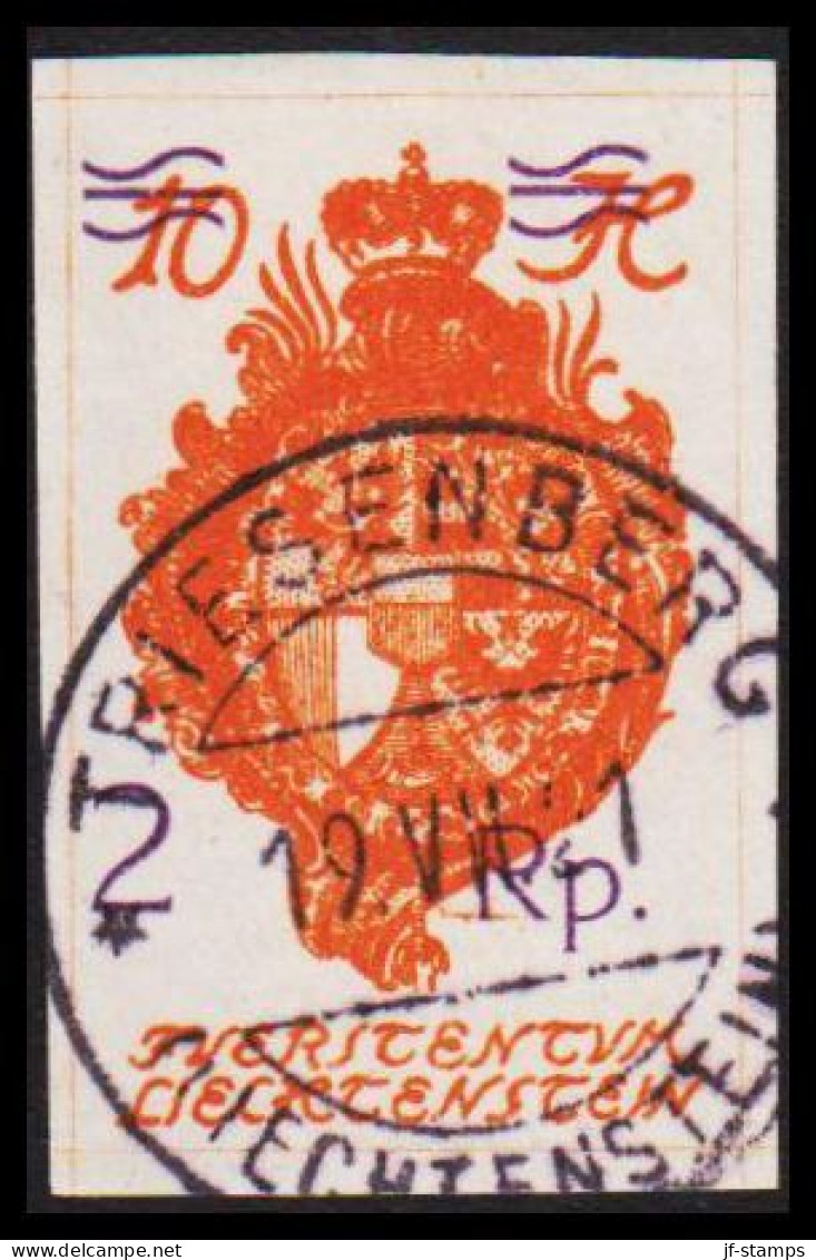 1921. LIECHTENSTEIN. Coat Of Arms 10 H Overprinted 2 Rp. VERY THIN LINES. Luxus Cancel TRIESEN... (Michel 44) - JF544585 - Usados