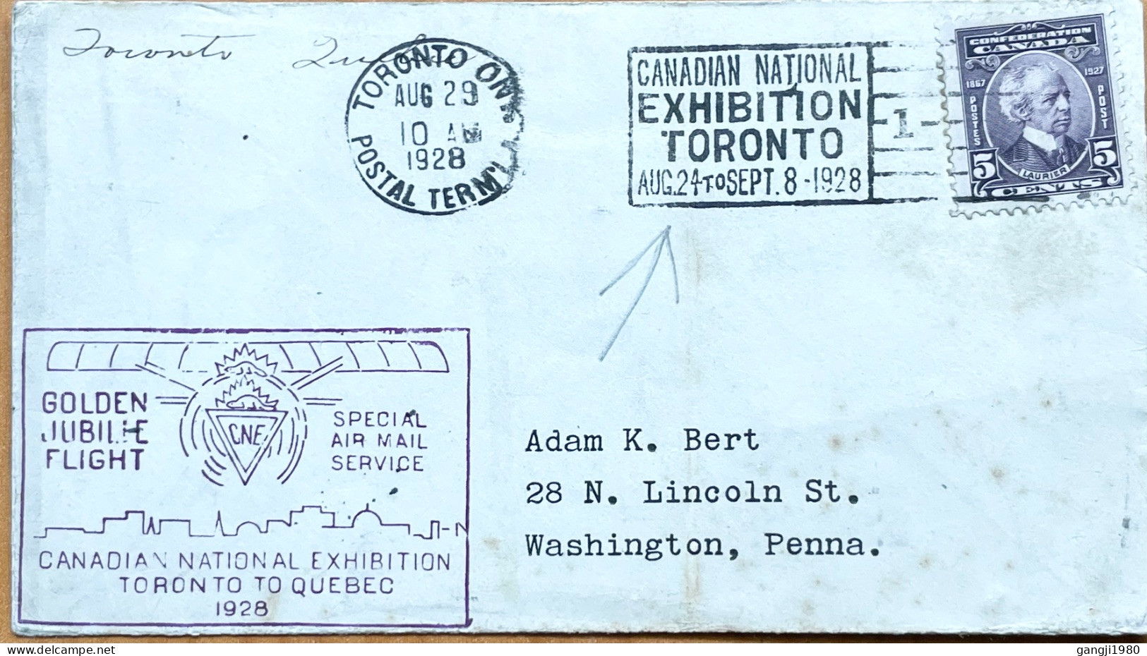 CANADA 1928, GOLDEN JUBILLE FLIGHT, TORONTO TO QUEBEC, SLOGAN NATIONAL EXHIBITION, TORONTO & QUEBEC CITY CANCEL LAURIER - Other & Unclassified