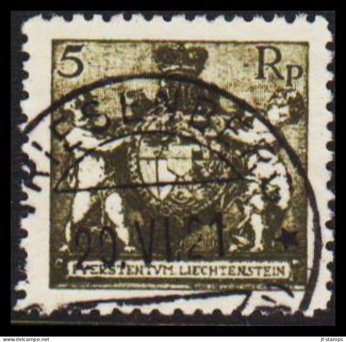 1921. LIECHTENSTEIN. Landeswappen Mit Putten. 5 Rp. Perf 12½.  LUXUS CANCEL.  (Michel 48B) - JF544591 - Used Stamps