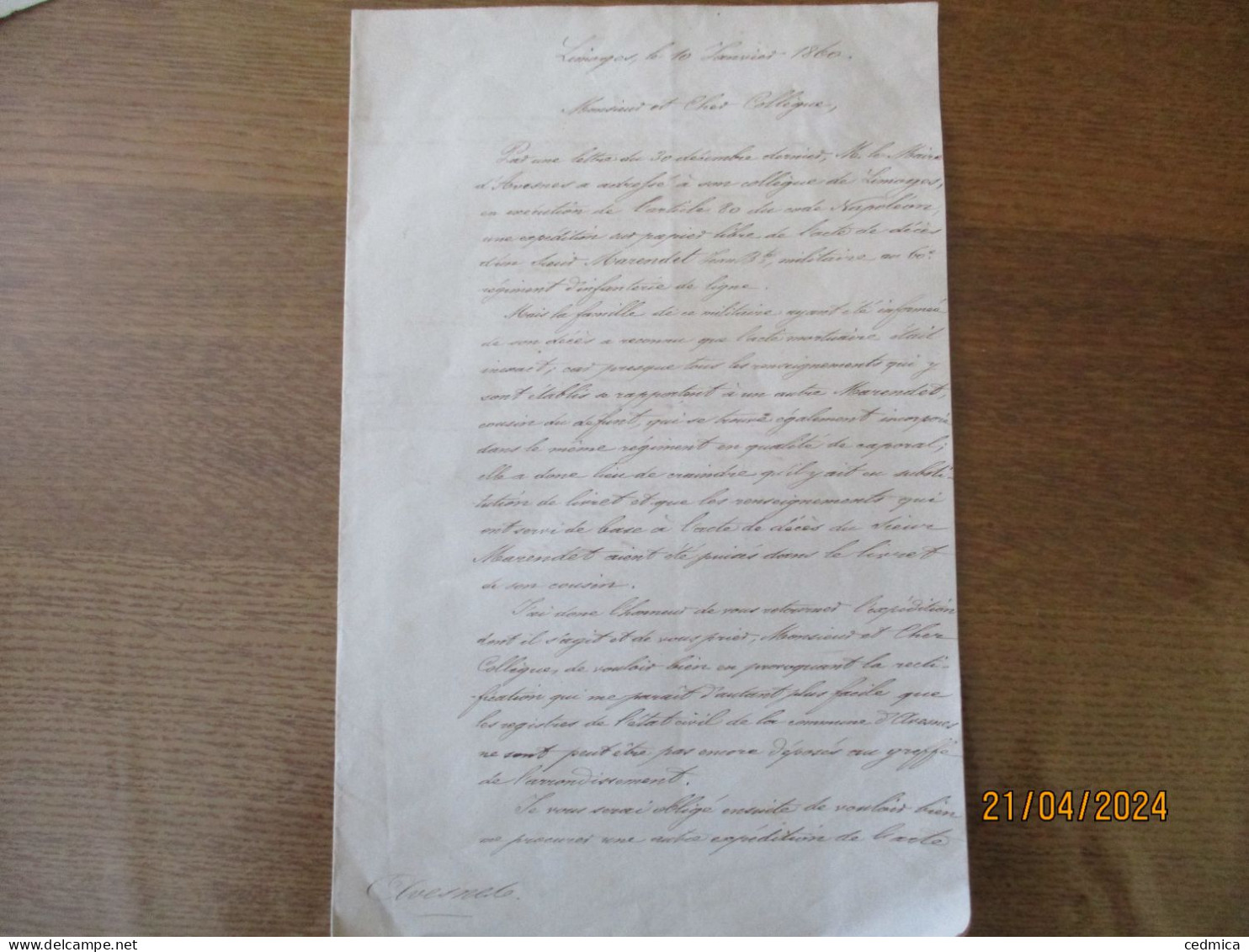 LIMOGES LE 10 JANVIER 1860 COUURIER MONSIEUR LE MAIRE D'AVESNES A MONSIEUR LE MAIRE DE LIMOGES SOUS PREFET D'AVESNES - Manuscritos