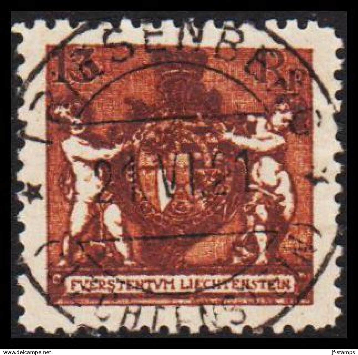 1921. LIECHTENSTEIN. Landeswappen Mit Putten. 13 Rp. Perf 12½.  LUXUS CANCEL.  (Michel 51B) - JF544594 - Used Stamps