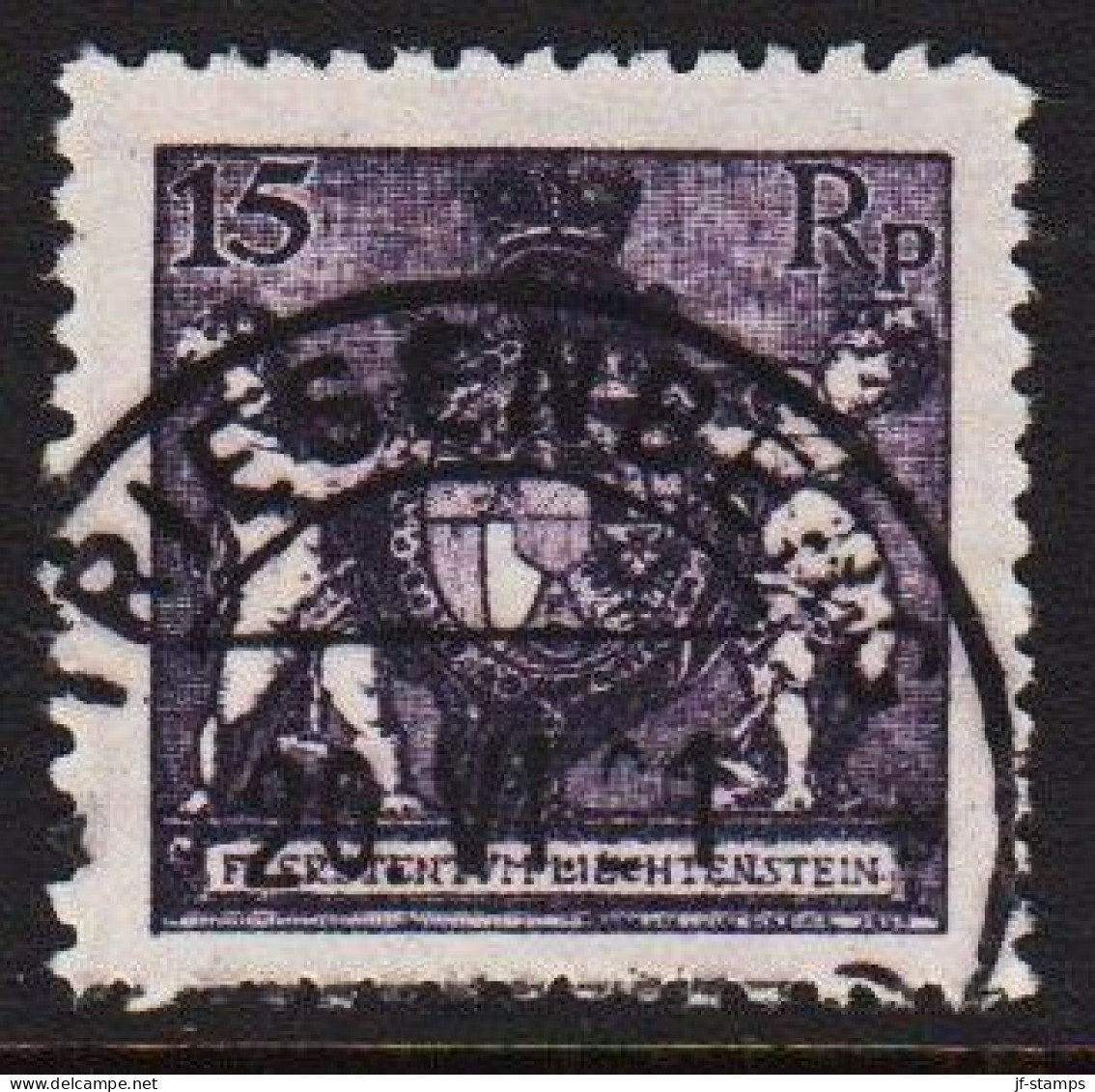 1921. LIECHTENSTEIN. Landeswappen Mit Putten. 15 Rp. Perf 12½.  LUXUS CANCEL.  (Michel 52B) - JF544596 - Gebruikt