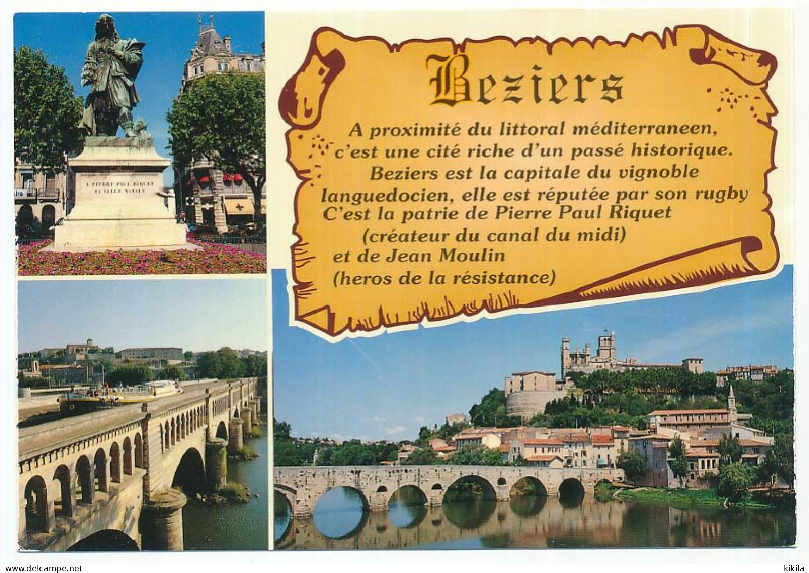 CPSM / CPM 10.5 X 15 Hérault BEZIERS La Statue De P.P. Riquet - Le Pont-canal - La Cathédrale St Nazaire Et L'Orb - Beziers