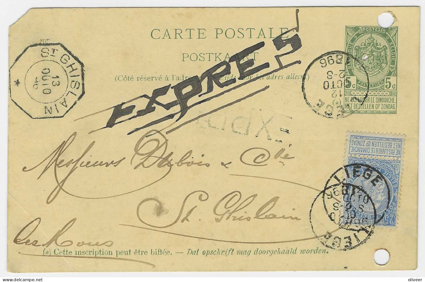 CARTE POSTALE 5ct. - EXPRES Van LIEGE Naar ST. GHISLAIN (telegraafstempel) - Briefkaarten 1871-1909