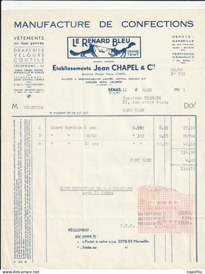 13-J.Chapel & Cie.." Le Renard Bleu "...Confections, Vêtements, Draperies, Velours, Sénas....(Bouches-du-Rhône)...1961 - Textilos & Vestidos