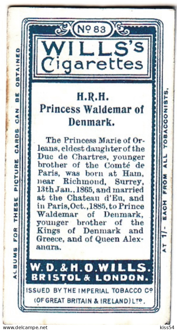 RF 15 - 83 Princess Marie Of Orleans ( Princess Waldemar Of Denmark ) WILLI'S CIGARETTES - 1916 ( 68 / 36 Mm ) - Familles Royales