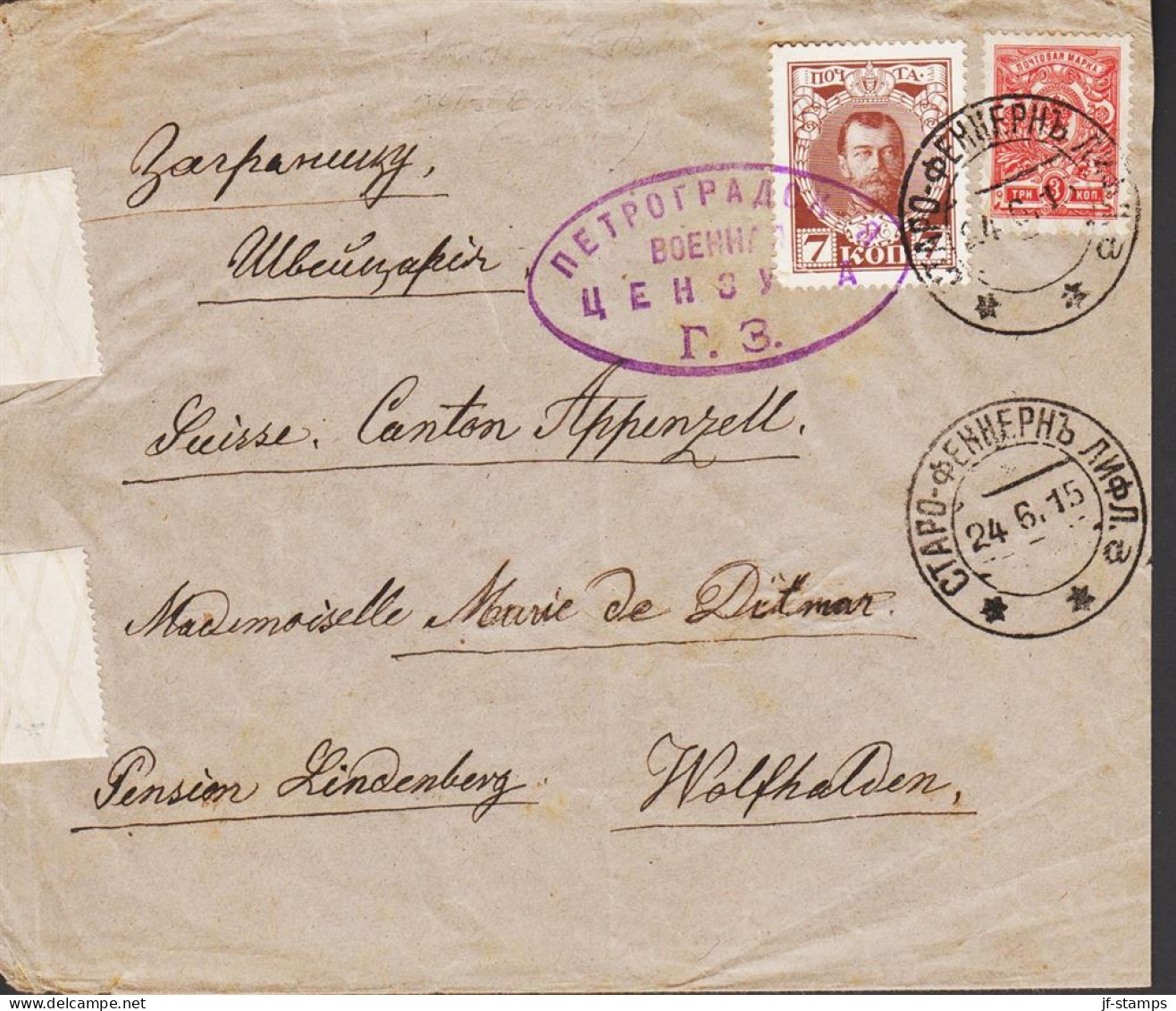 1912. RUSSIA. Very Interesting Censored Envelope To Wolfhalden, Schweiz With 3 And 7 KOP ROMANOV Cancelled... - JF544617 - Estland