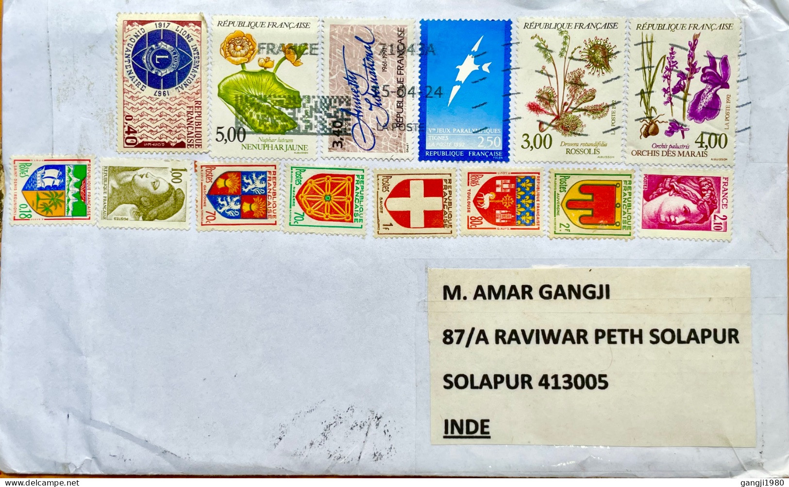 FRANCE 2024, COVER USED TO INDIA, DIFFERENT 14 STAMP, LIONS CLUB, FLOWER, QUEEN, COAT OF ARM, BIRD, MANY THEME 1992 - Autres & Non Classés