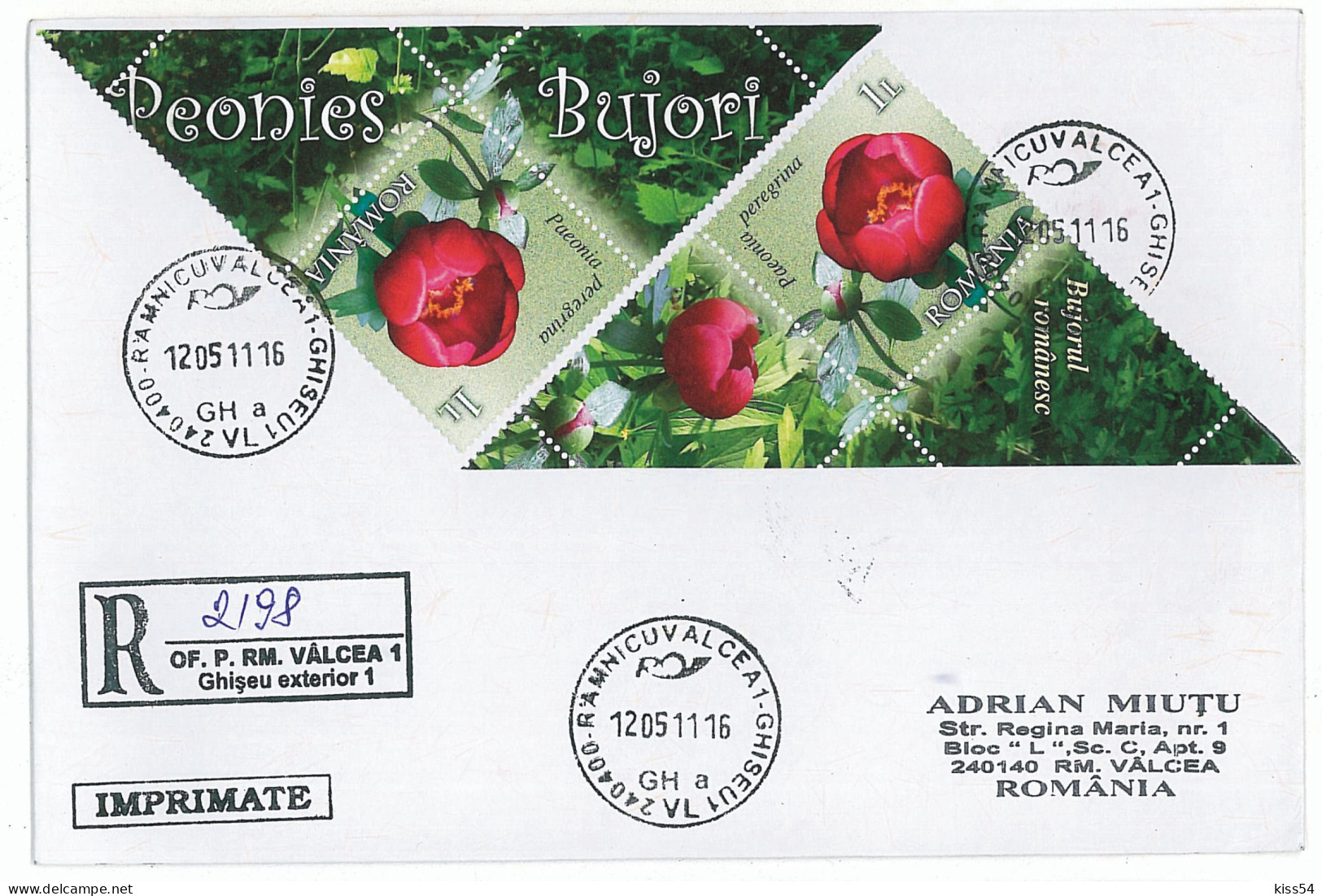 NCP 19 - 2198-a PEONY, Romania - Registered, Stamps With TABS - 2011 - Otros & Sin Clasificación