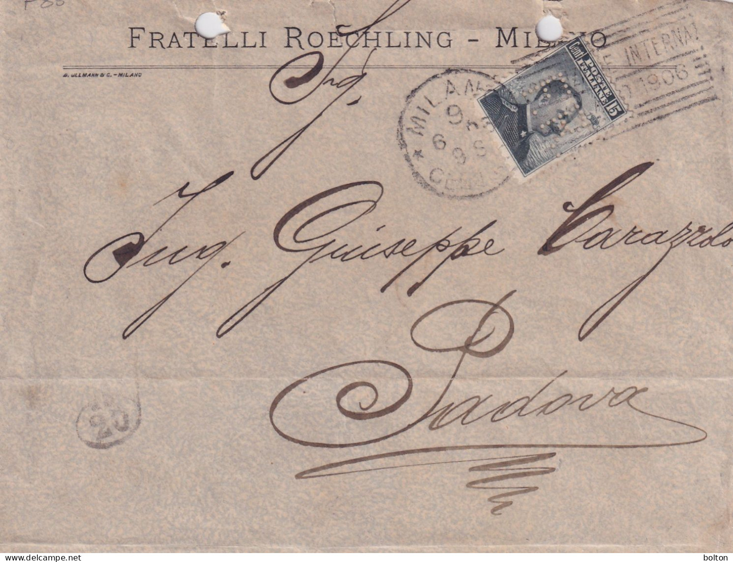 1906 Busta Con Affrancatura PERFIN FR  Fratelle Roechling Annullo Meccanico A Targhetta Fiera Int. Di Milano - Storia Postale