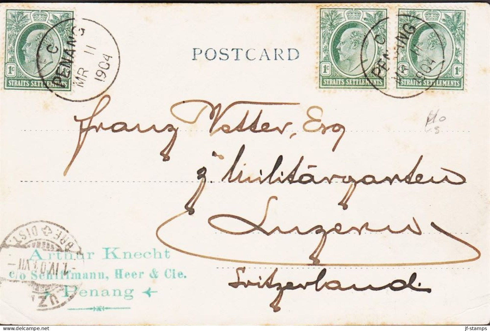 1904. STRAITS SETTLEMENTS Edward VII 3 Ex 1 C. On Fine Post Card With Motive From PENANG (Jett... (Michel 92) - JF544625 - Straits Settlements