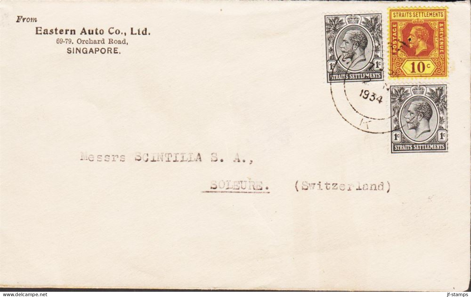 1934. STRAITS SETTLEMENTS Georg V. 2 Ex 1 C + 10 C. On Fine Cover To SOLEURE, Schweiz. Postm... (Michel 157+) - JF544626 - Straits Settlements