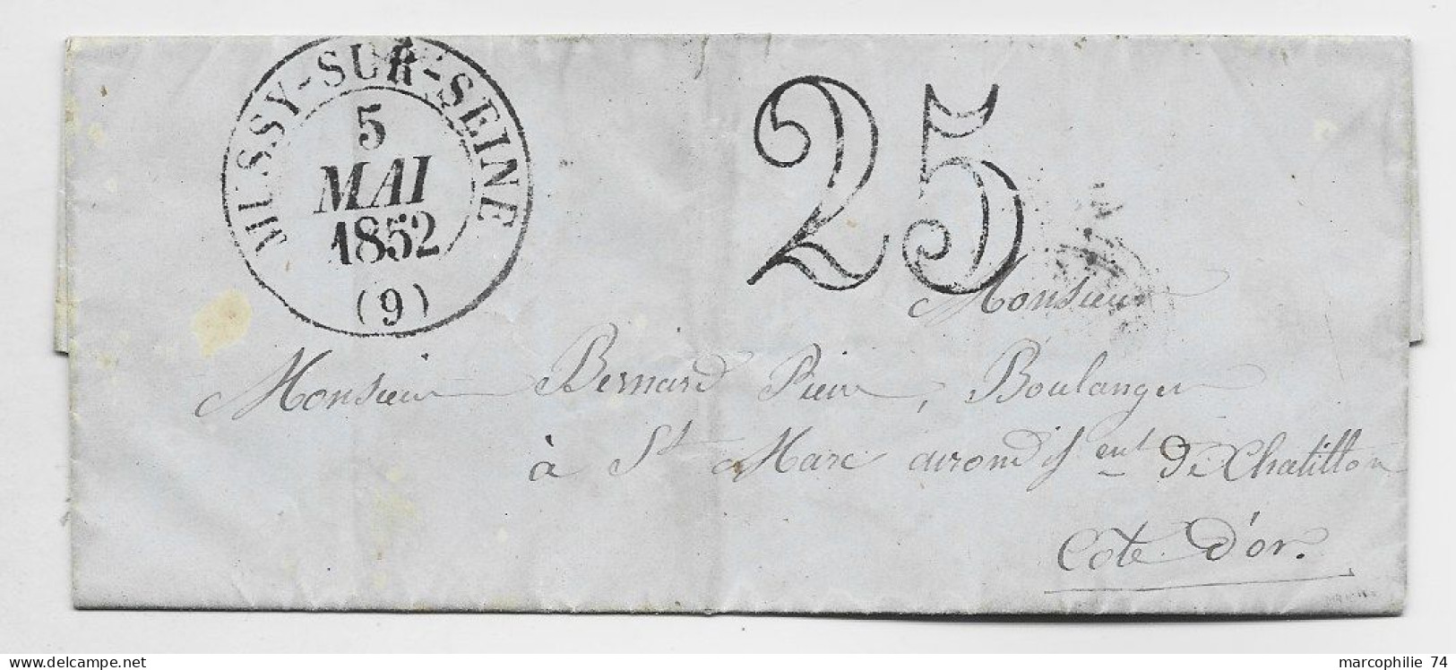 MUSSY SUR SEINE 5 MAI 1852 LETTRE TAXE 25DT POUR COTE D'OR CURSIVE EN ARRIVEE AISEY SUR SEILLE - 1849-1876: Période Classique