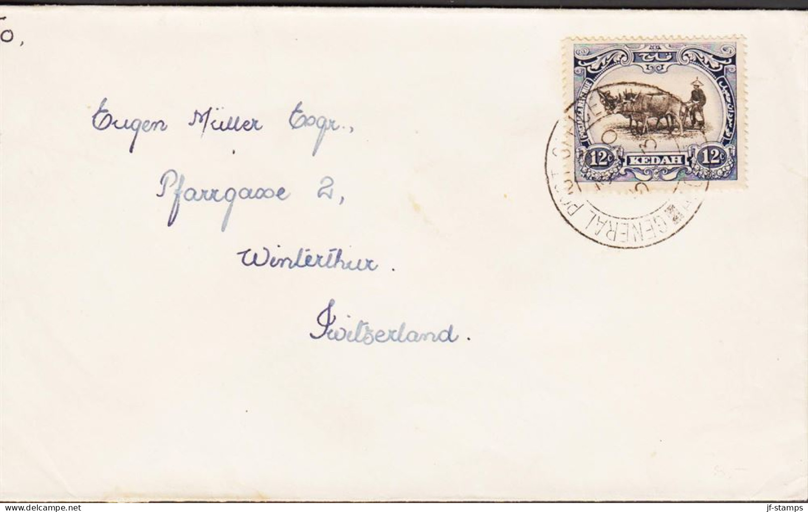 1938. KEDAH Oxe And Man. 12 C. As Single Postage On Small Cover To Wintherthur, Switzerland Ca... (Michel 42) - JF544627 - Kedah