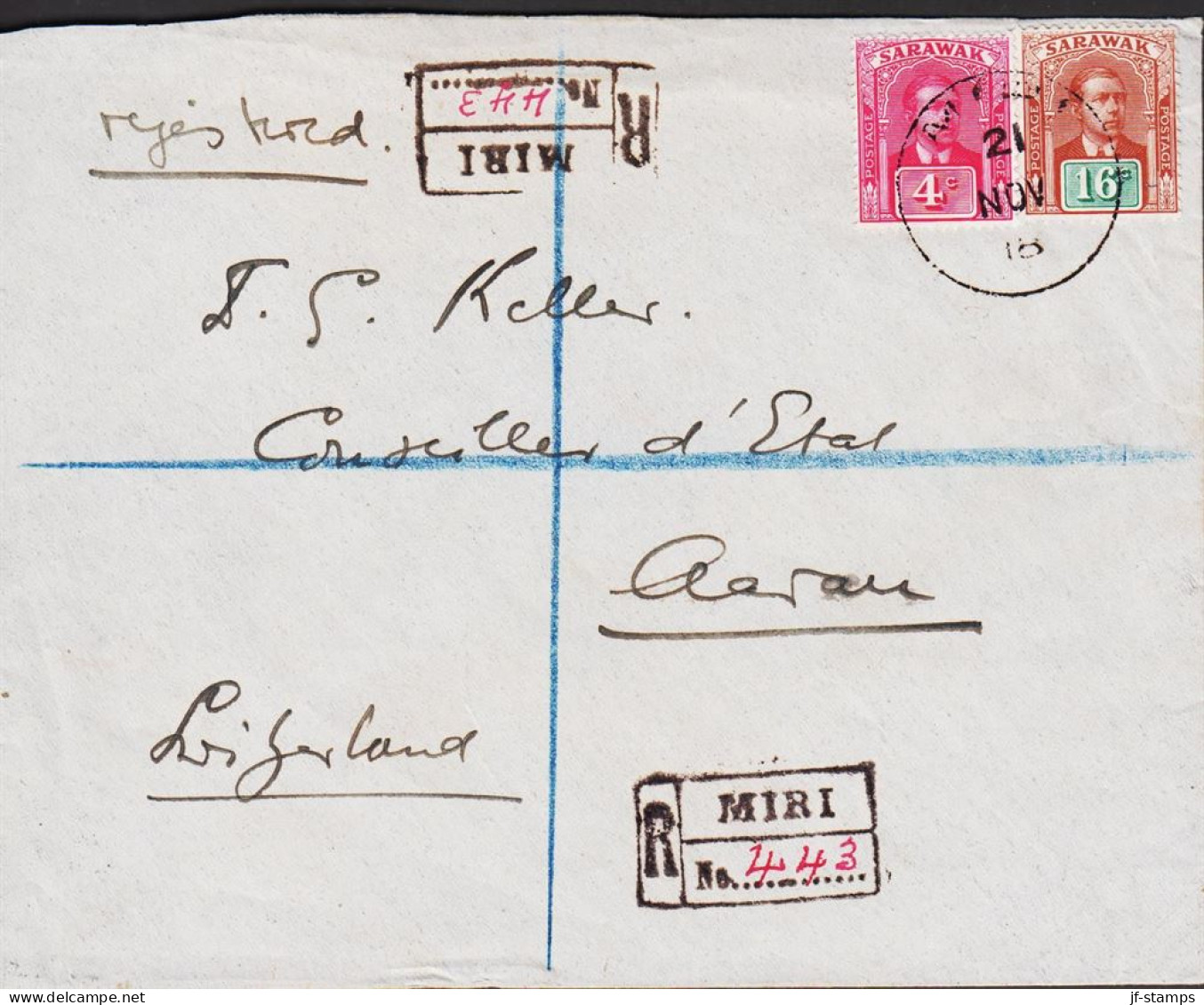 1918. SARAWAK. Rajah Sir Charles Vyner Brooke 4 + 16 C. On Very Unusual Registered Envelop... (Michel 62, 52) - JF544628 - Sarawak (...-1963)