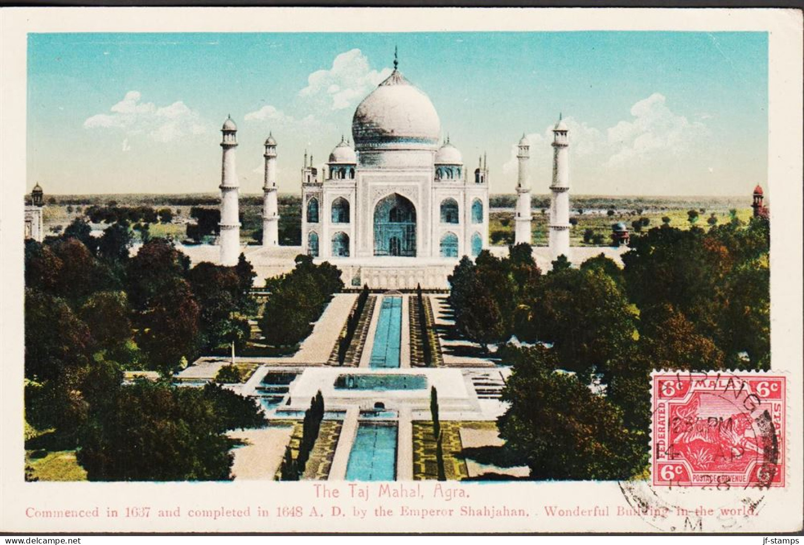 1928. FEDERATED MALAY STATES Tiger 6 CENTS. Single On Fine Postcard (The Taj Mahal, Agra) To Z... (Michel 62) - JF544631 - Federated Malay States