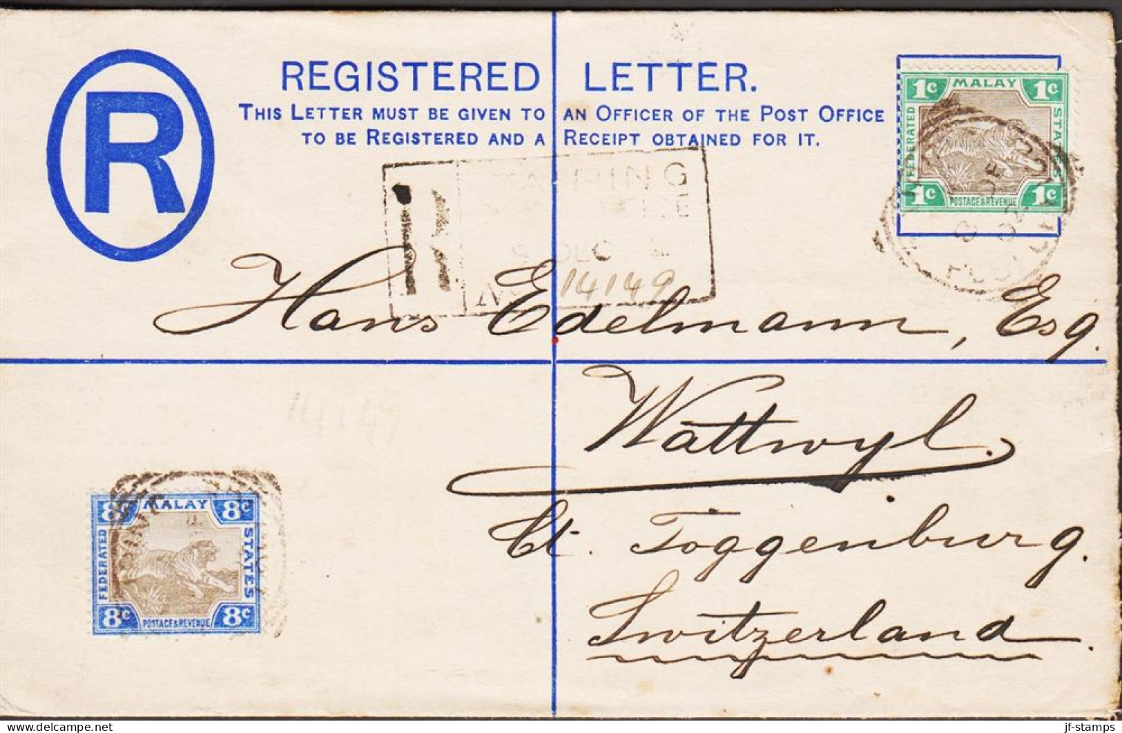 1902. FEDERATED MALAY STATES 5c Registered Envelope Tiger Motive  To Switzerland Uprated ... (Michel 19 + 15) - JF544632 - Federated Malay States