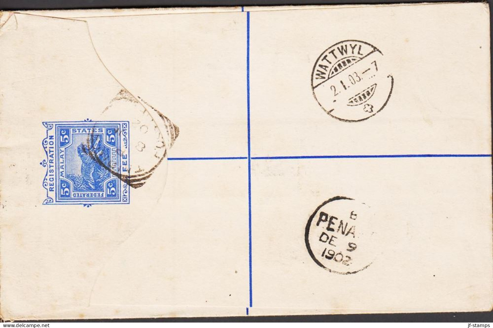 1902. FEDERATED MALAY STATES 5c Registered Envelope Tiger Motive  To Switzerland Uprated ... (Michel 19 + 15) - JF544632 - Federated Malay States