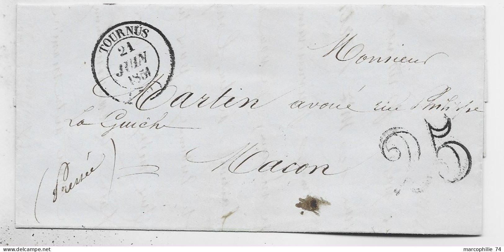 SAONE ET LOIRE TYPE 14 TOURNUS 21 JUIN 1851 LETTRE TAXE 25 DT POUR MACON - 1849-1876: Période Classique