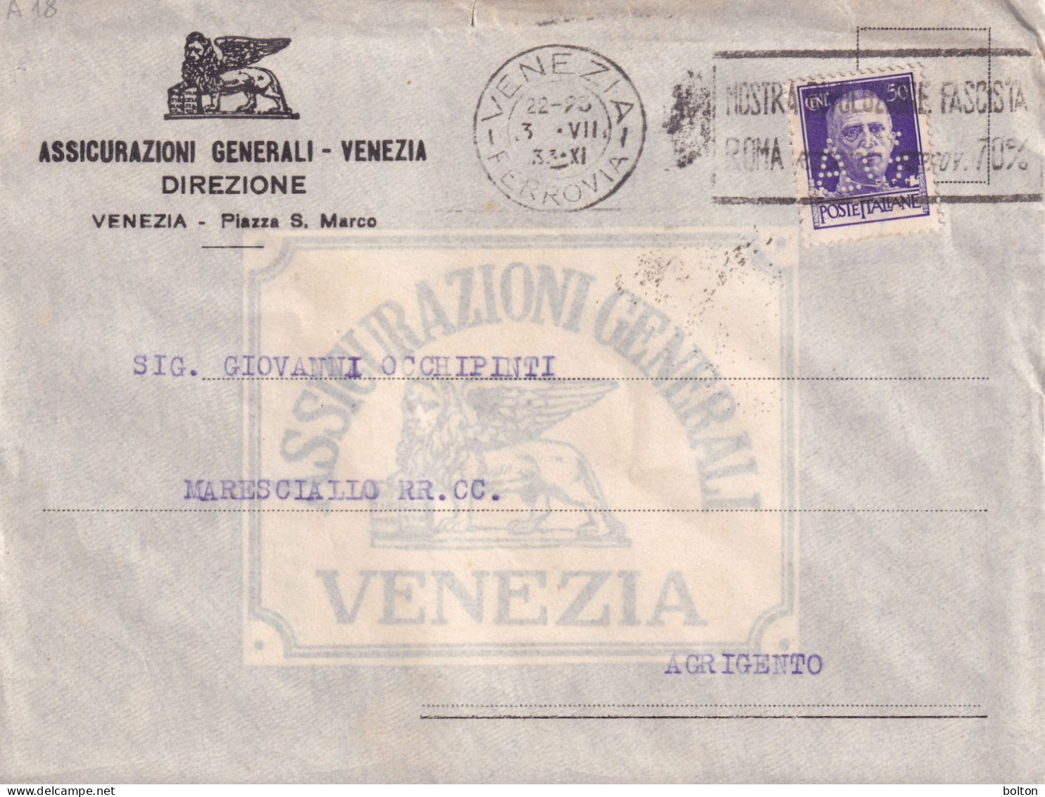 1906 Busta Con Affrancatura PERFIN   AG Assicurazioni Generali - Marcofilie
