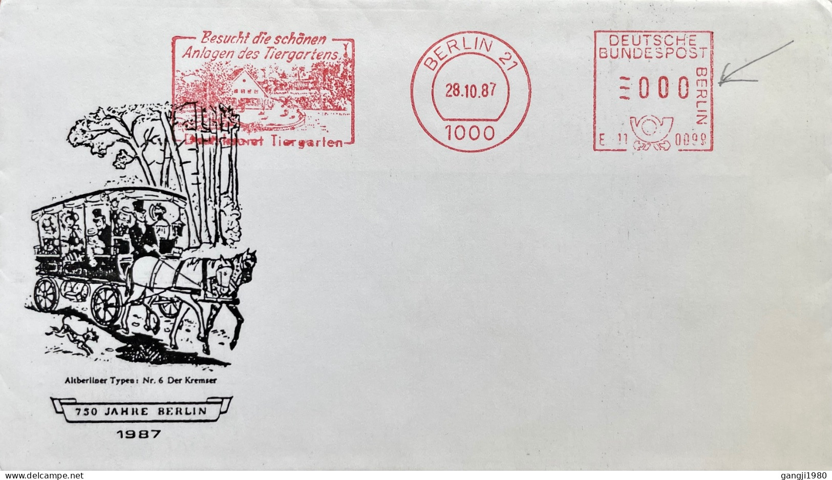 GERMANY  BERLIN 750 YEAR, 1987 ILLUSTRATE COVER, SPECIMEN METER CANCEL, VISIT TIERGARTEN SCHOOL, BESUCHT DIE SCHANEN  AN - Storia Postale