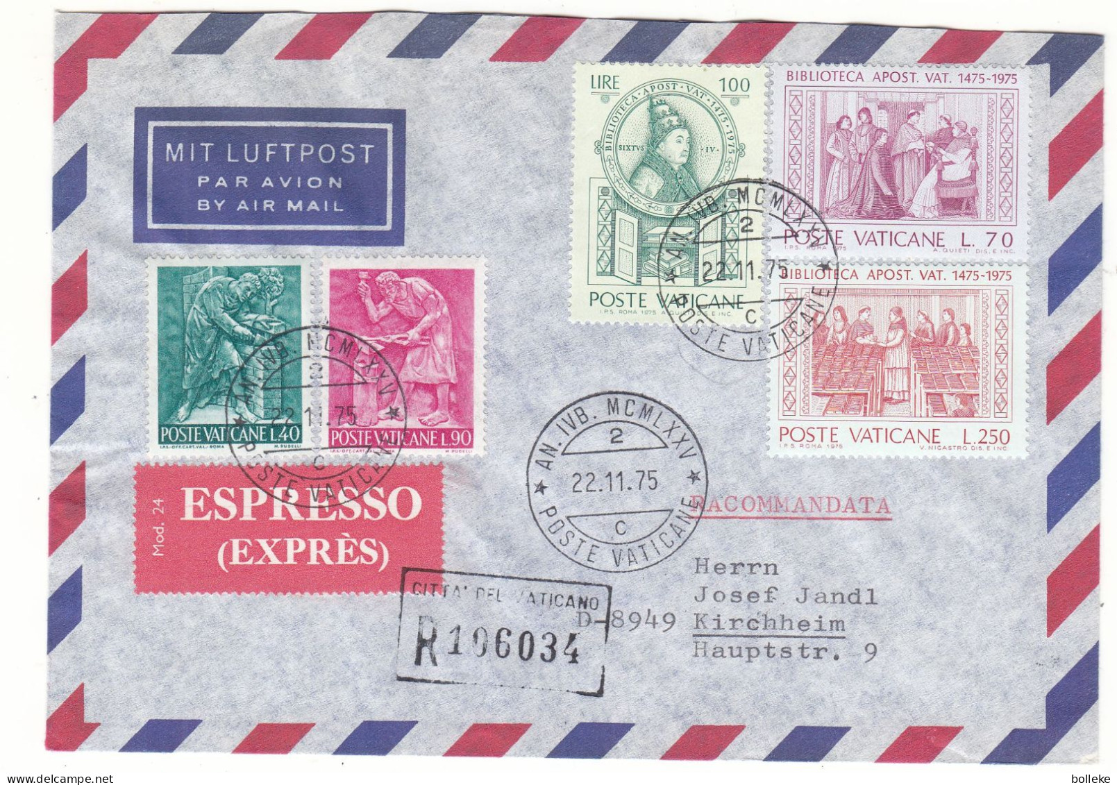 Vatican - Lettre Recom De 1975 - Oblit Poste Vaticane - Exp Vers Kirchheim - Cachet De Mindelheim - - Briefe U. Dokumente