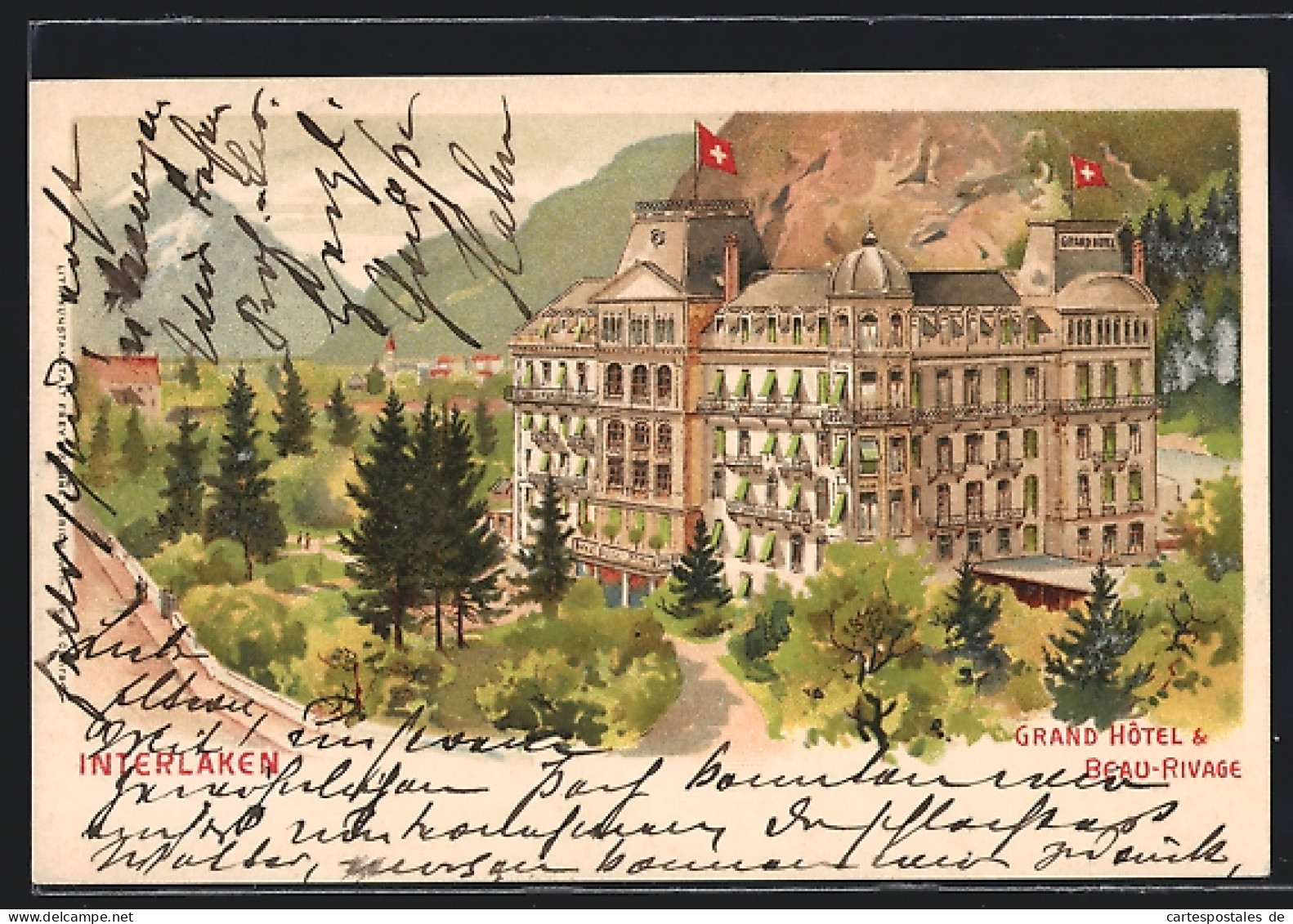 Lithographie Interlaken, Grand Hotel U. Beau-Rivage  - Interlaken