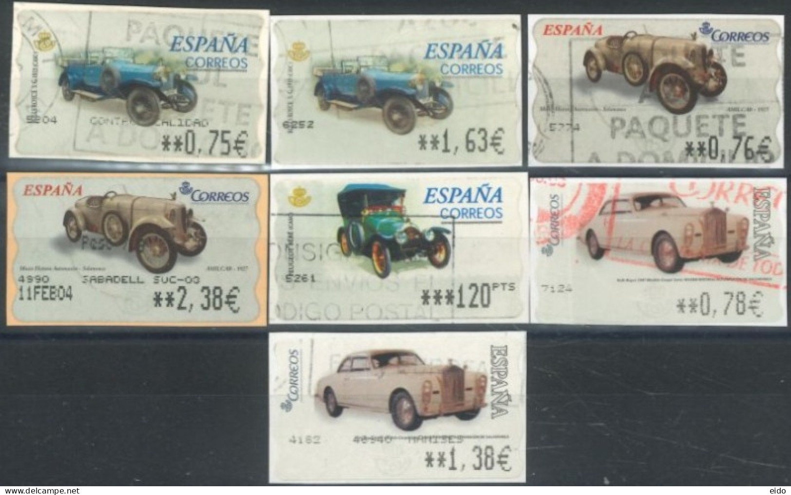 SPAIN- 2001/04, CARS STAMPS LABELS SET OF 7, DIFFERENT VALUES, USED. - Gebraucht