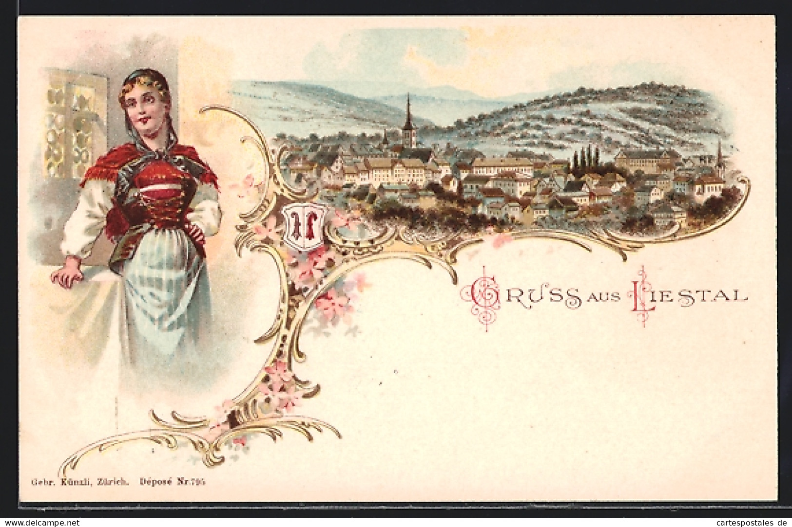 Lithographie Liestal, Panoramablick Auf Die Stadt, Liestaler Tracht  - Liestal