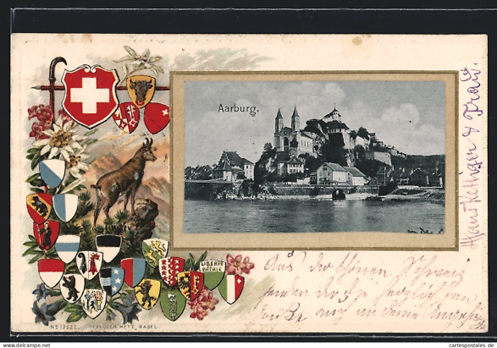Passepartout-Lithographie Aarburg, Panorama, Wappen Der Kantone Und Eine Gemse  - Aarburg