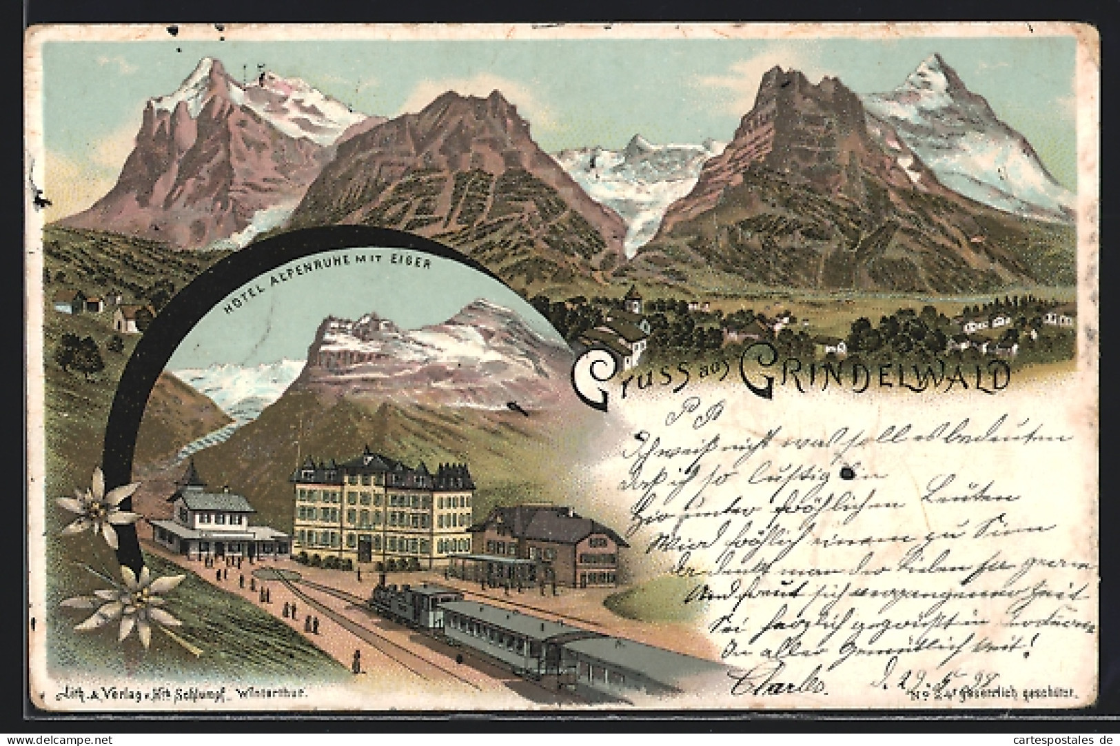 Lithographie Grindelwald, Hotel Alpenruhe Mit Eiger  - Grindelwald