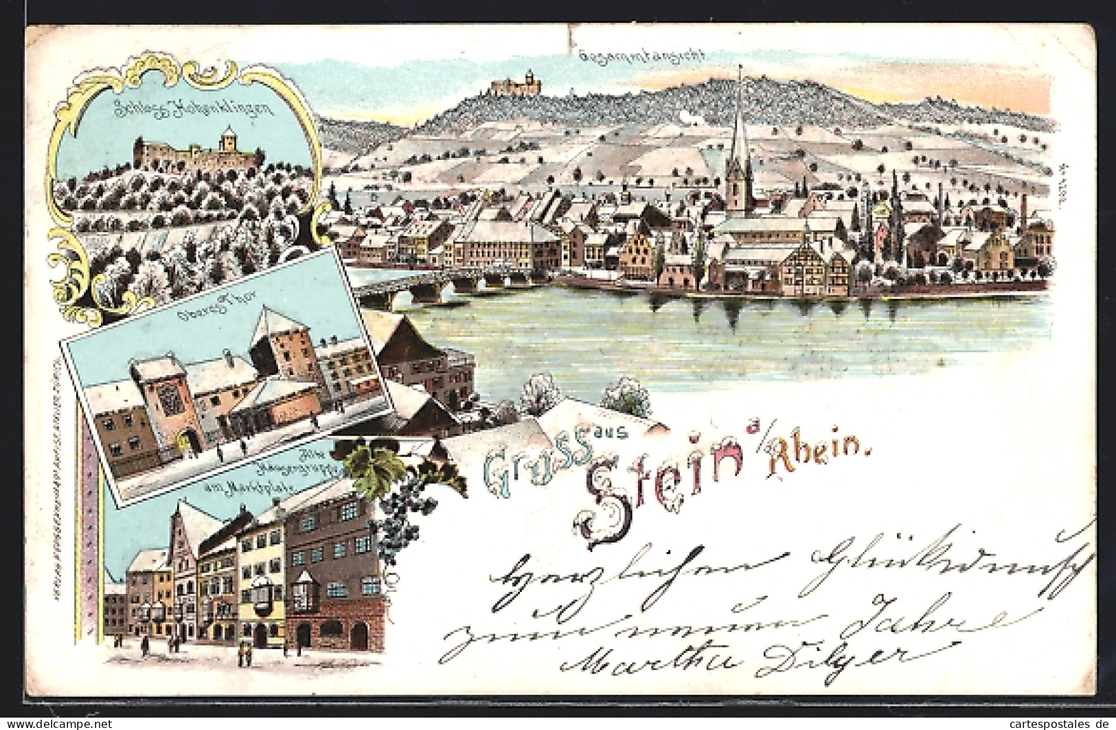 Lithographie Stein A. Rhein, Alte Häuser Am Marktplatz, Schloss Hohenklingen, Oberes Thor  - Autres & Non Classés