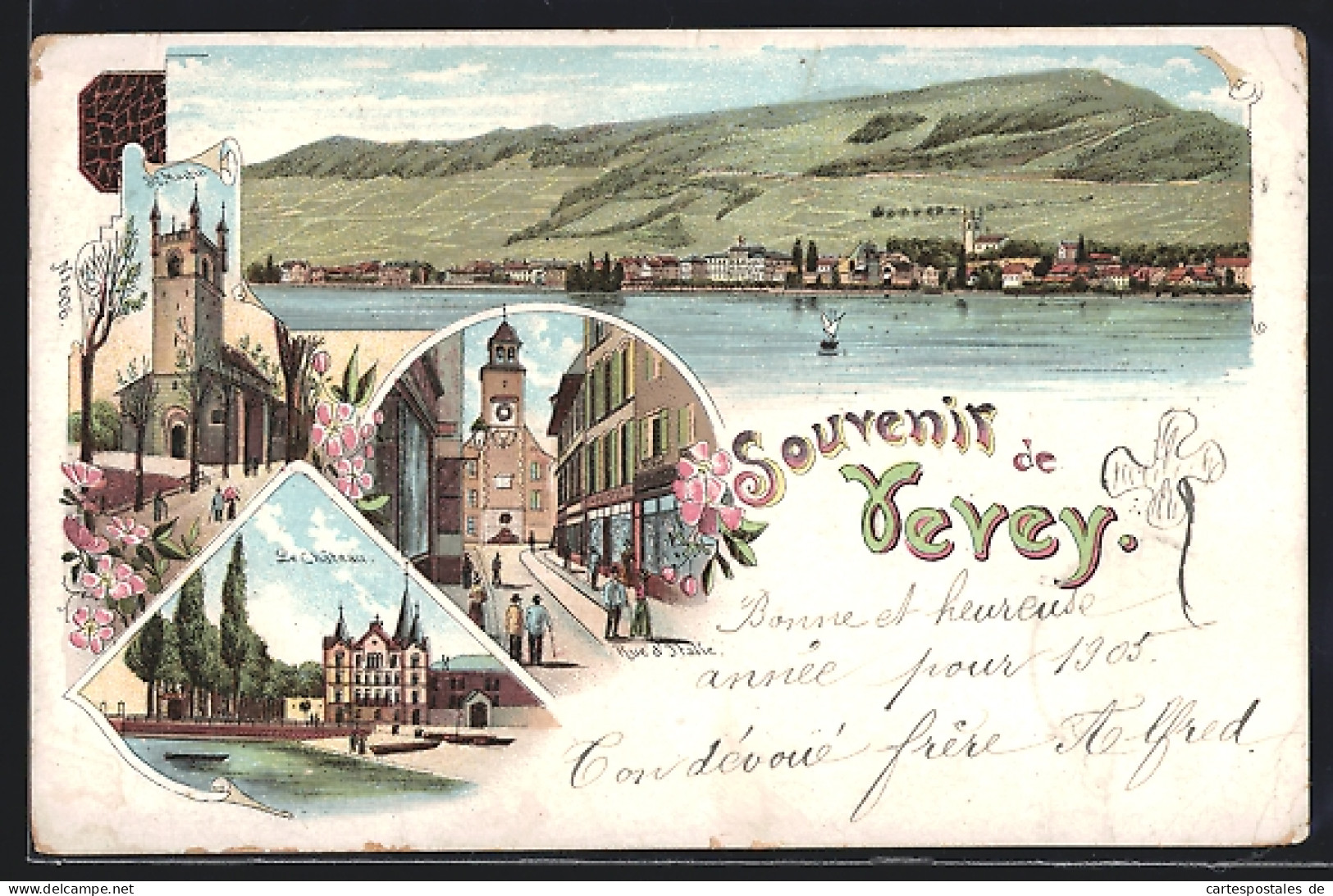 Lithographie Vevey, Le Château, Rue D`Italie, St. Martin, Panorama  - Vevey