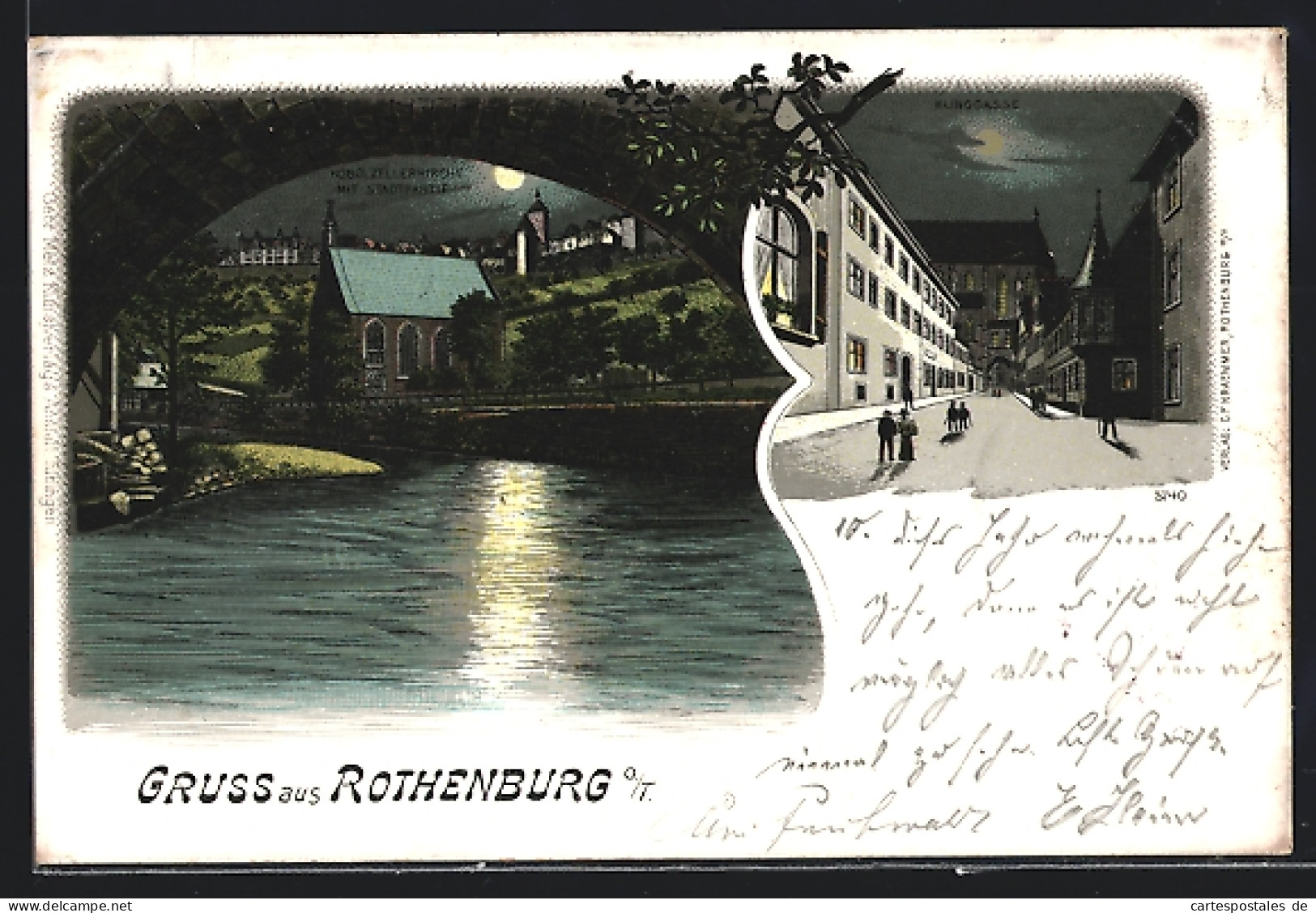 Lithographie Rothenburg O. T., Flusspartie Mit Kobolzellerkirche Im Mondschein  - Rothenburg O. D. Tauber