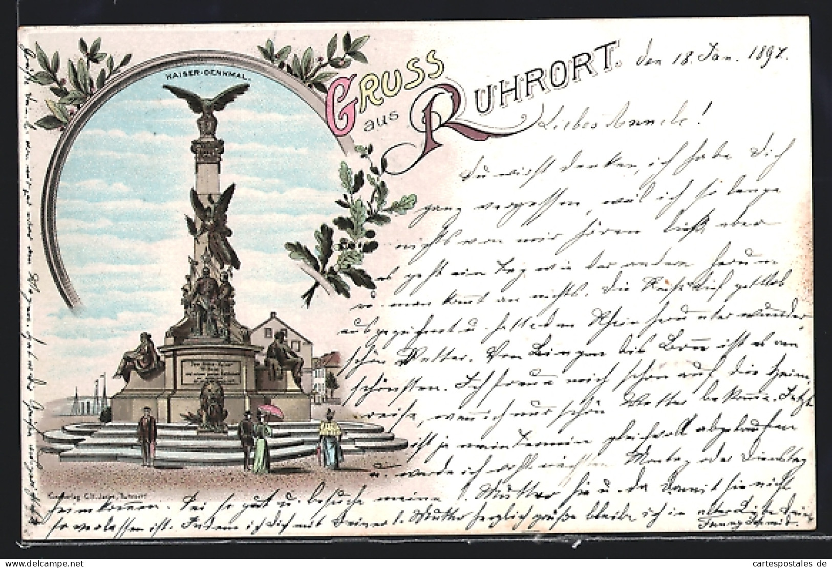 Lithographie Ruhrort, Kaiser-Denkmal Mit Besuchern  - Altri & Non Classificati