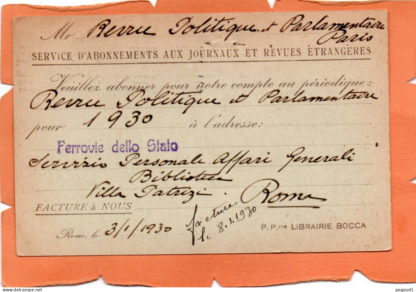 ROMA. BOLOGNA. LIBRERIA BOCCA. LIBRAIRIE. ABONNEMENTS AUX JOURNAUX.1930.achat Immédiat - Autres & Non Classés