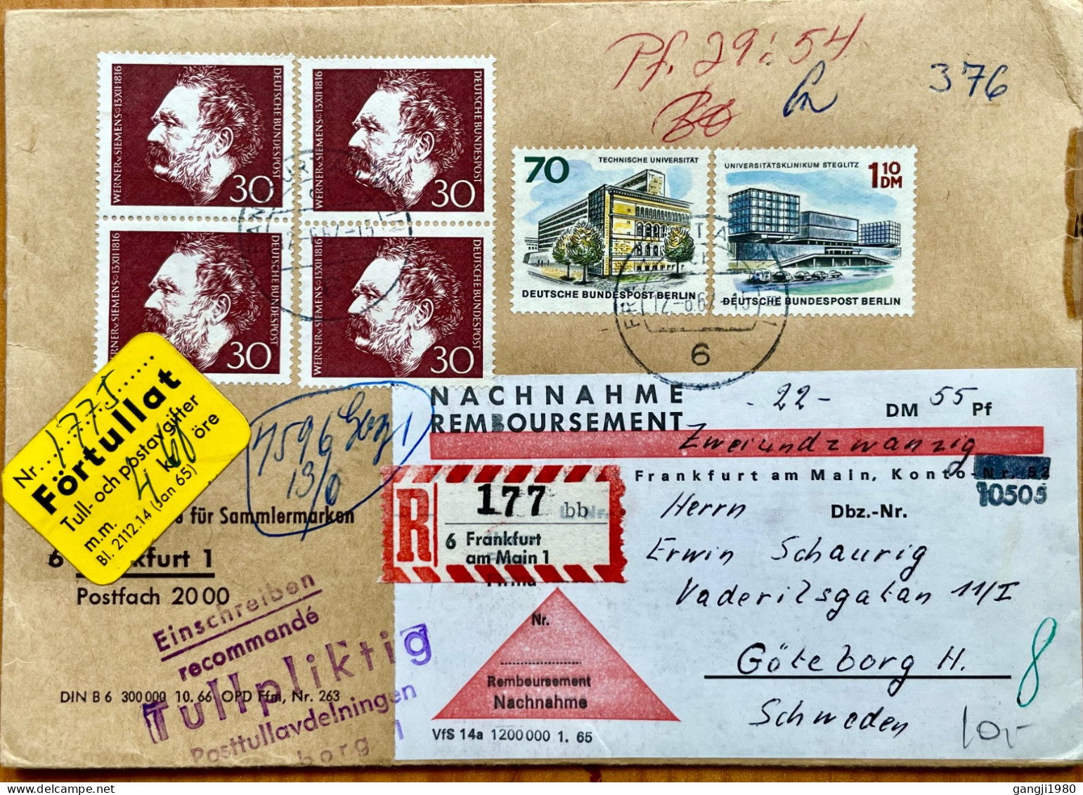 GERMANY BERLIN COMBO 1966, ADVERTISING LINDNER COVER, VIGNETTE LABEL FORTULLAT, USED TO SWEDEN,  WERNER- SIEMENS, UNIVER - Storia Postale