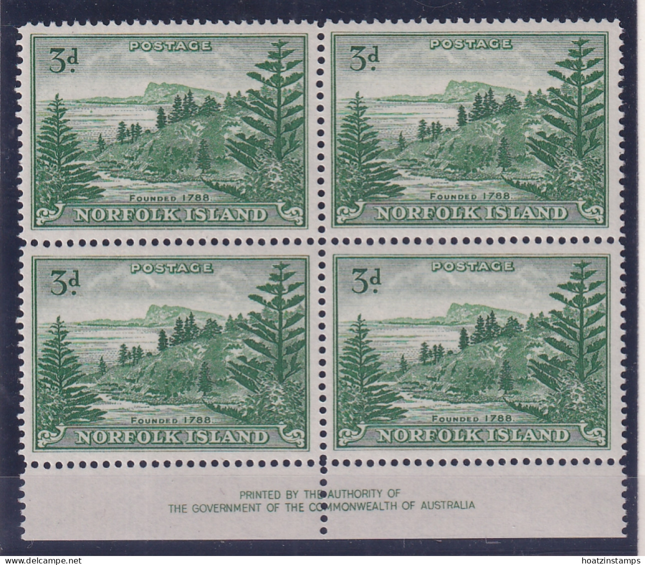 Norfolk Is: 1947/59   Ball Bay    SG6a    3d   Emerald-green  [Imprint Block Of 4]  MNH - Isola Norfolk