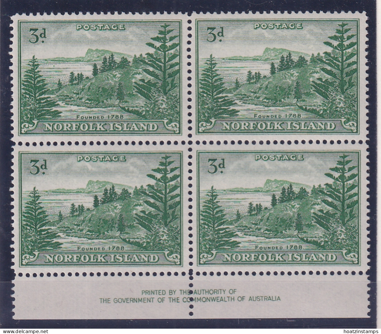Norfolk Is: 1947/59   Ball Bay    SG6a    3d   Emerald-green  [Imprint Block Of 4]  MNH - Norfolk Island