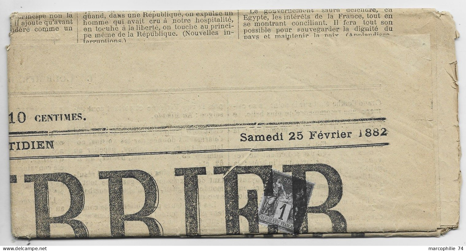 SAGE 1C SEUL JOURNAL COMPLET LE COURRIER DE SAONE ET LOIRE 25 FEVRIER 1882 OBL TYPO - 1877-1920: Semi-Moderne